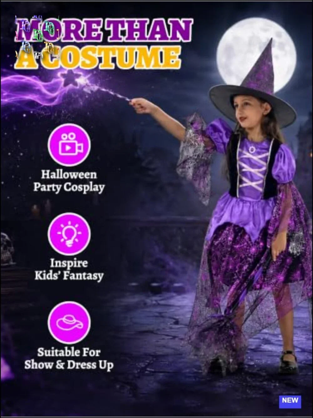 Kids Witch Costume with LED Lights, Hat, Broom, Bag & Wand, Halloween Party